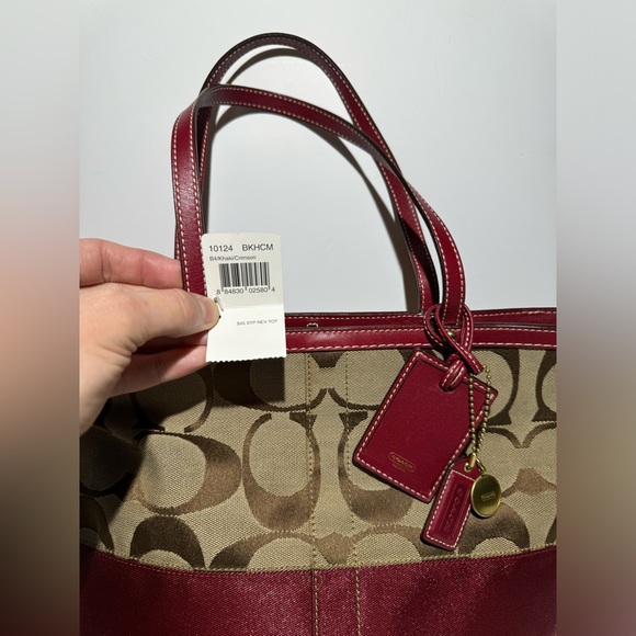 Coach Signature Striped Khaki & Crimson Canvas/ Leather Tote Bag‎ Vintage NWT - Picture 4 of 8